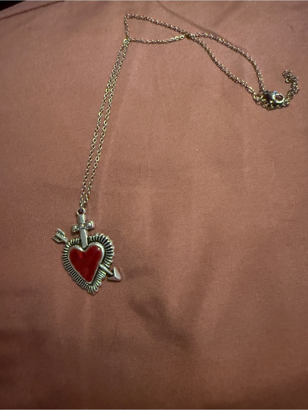Gold Heart Arrow Pendant Necklace with Red Enamel Heart